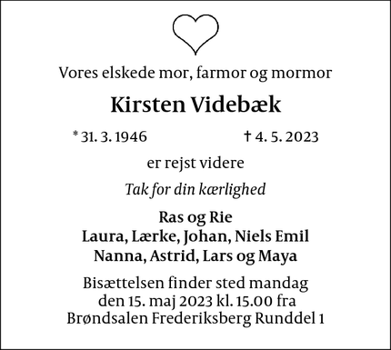 Dødsannoncen for Kirsten Videbæk - København