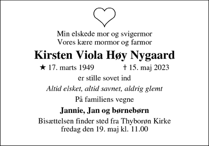 Dødsannoncen for Kirsten Viola Høy Nygaard - Thyborøn