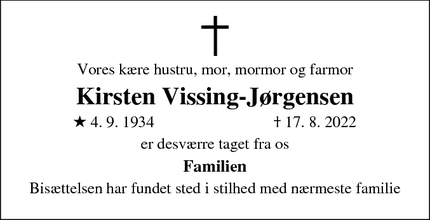 Dødsannoncen for Kirsten Vissing-Jørgensen - Esbjerg