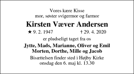 Dødsannoncen for Kirsten Væver Andersen - Odense