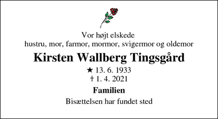 Dødsannoncen for Kirsten Wallberg Tingsgård - Viby J