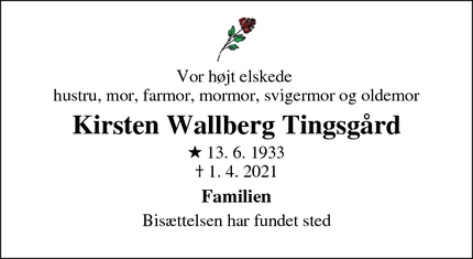 Dødsannoncen for Kirsten Wallberg Tingsgård - Viby J