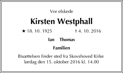 Dødsannoncen for Kirsten Westphall - Hellerup