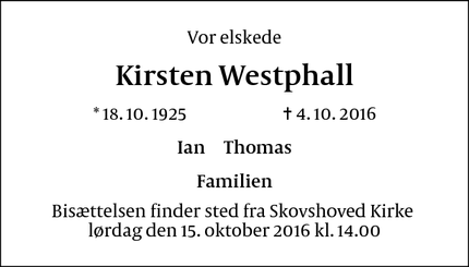 Dødsannoncen for Kirsten Westphall - Hellerup