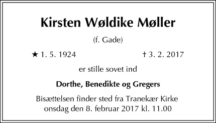 Dødsannoncen for Kirsten Wøldike Møller - Tullebølle