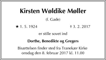 Dødsannoncen for Kirsten Wøldike Møller  - Tullebølle