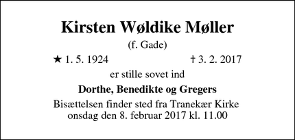 Dødsannoncen for Kirsten Wøldike Møller - Tullebølle