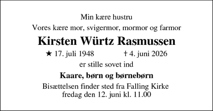 Dødsannoncen for Kirsten W&uuml;rtz Rasmussen - Odder