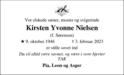 Dødsannoncen for Kirsten Yvonne Nielsen - Esbjerg