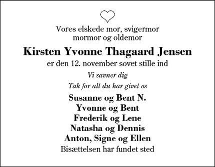 Dødsannoncen for Kirsten Yvonne Thagaard Jensen - Videbæk