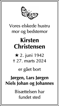Dødsannoncen for Kirsten
Christensen - Vedbæk