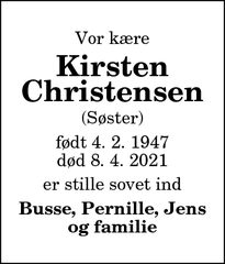 Dødsannoncen for Kirsten
Christensen - Vodskov