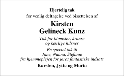 Taksigelsen for Kirsten
Gelineck Kunz - Haderslev
