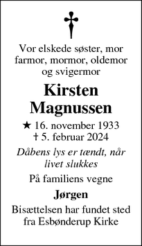 Dødsannoncen for Kirsten
Magnussen - Esbønderup