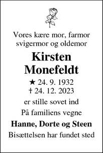 Dødsannoncen for Kirsten
Monefeldt - Hornbæk