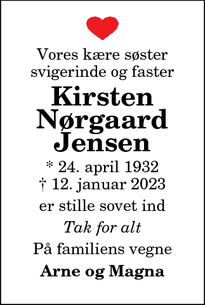 Dødsannoncen for Kirsten
Nørgaard
Jensen - Brønderslev