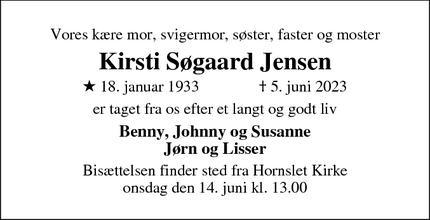 Dødsannoncen for Kirsti Søgaard Jensen - Århus