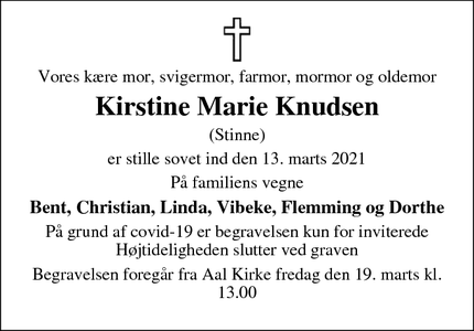 Dødsannoncen for Kirstine Marie Knudsen - Oksbøl