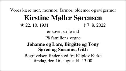 Dødsannoncen for Kirstine Møller Sørensen - Aabenraa