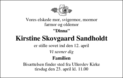 Dødsannoncen for Kirstine Skovgaard Sandholdt - Odense NV