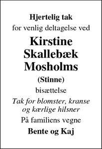 Taksigelsen for Kirstine
Skallebæk
Mosholm - Vemb