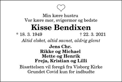 Dødsannoncen for Kisse Bendixen - Hadsund