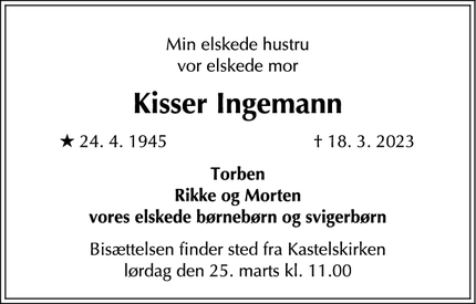 Dødsannoncen for Kisser Ingemann - kbh ø