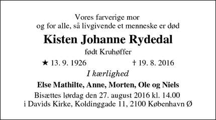 Dødsannoncen for Kisten Johanne Rydedal - Virum
