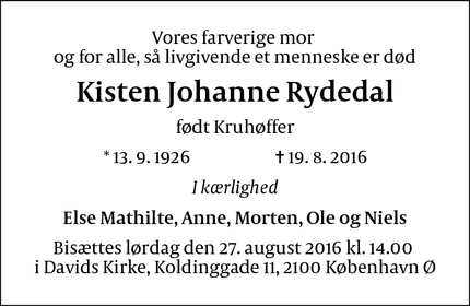Dødsannoncen for Kisten Johanne Rydedal - Virum