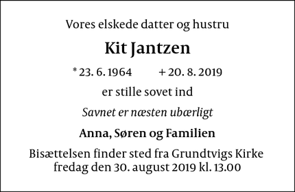 Dødsannoncen for Kit Jantzen - København NV