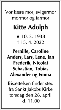 Dødsannoncen for Kitte Adolph - København Ø