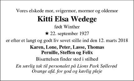 Dødsannoncen for Kitti Elsa Wedege - Nærum