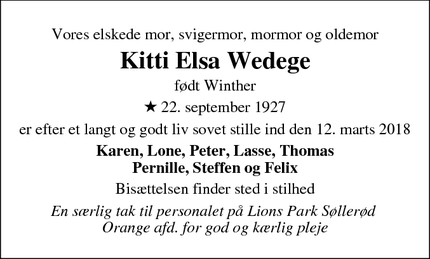 Dødsannoncen for Kitti Elsa Wedege - Nærum