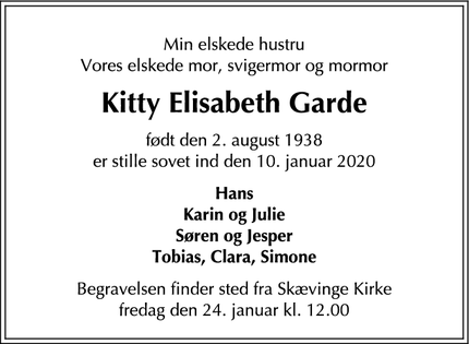 Dødsannoncen for Kitty Elisabeth Garde - Skævinge