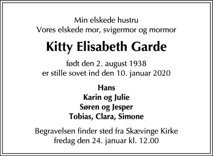 Dødsannoncen for Kitty Elisabeth Garde - Skævinge