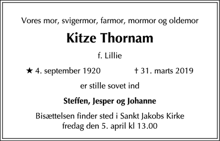 Dødsannoncen for Kitze Thornam - København