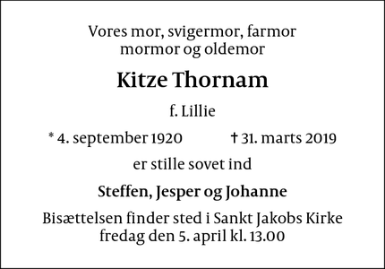 Dødsannoncen for Kitze Thornam - København