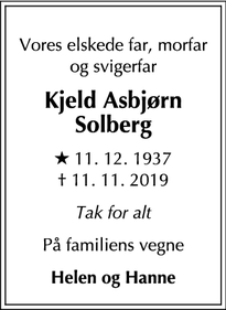 Dødsannoncen for Kjeld Asbjørn
Solberg - Rungsted Kyst