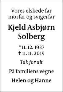 Dødsannoncen for Kjeld Asbjørn
Solberg - Rungsted Kyst
