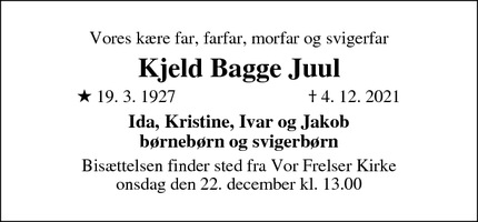 Dødsannoncen for Kjeld Bagge Juul - Dyssegård