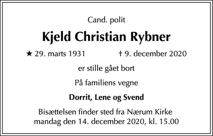 Dødsannoncen for Kjeld Christian Rybner - 2840 Holte
