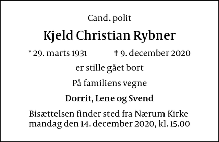 Dødsannoncen for Kjeld Christian Rybner - 2840 Holte