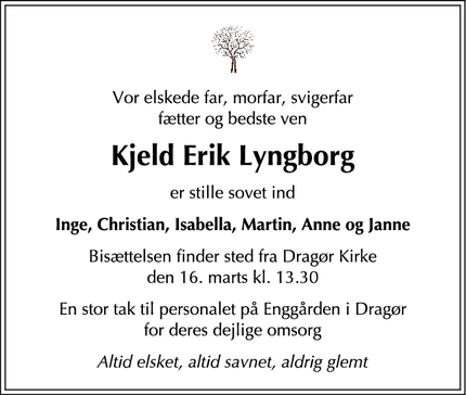 Dødsannoncen for Kjeld Erik Lyngborg - Dragør