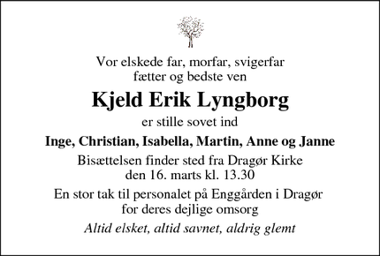 Dødsannoncen for Kjeld Erik Lyngborg - Dragør