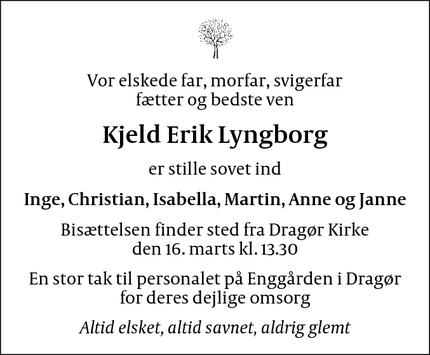 Dødsannoncen for Kjeld Erik Lyngborg - Dragør