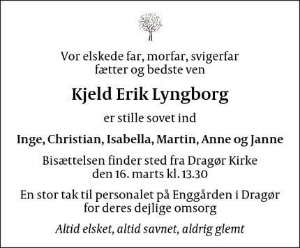 Dødsannoncen for Kjeld Erik Lyngborg - Dragør