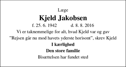 Dødsannoncen for Kjeld Jakobsen - Frederiksberg