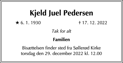 Dødsannoncen for Kjeld Juel Pedersen - Holte