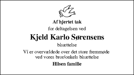 Dødsannoncen for Kjeld Karlo Sørensens - Thorsager