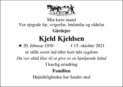 Dødsannoncen for Kjeld Kjeldsen - Lydersholm